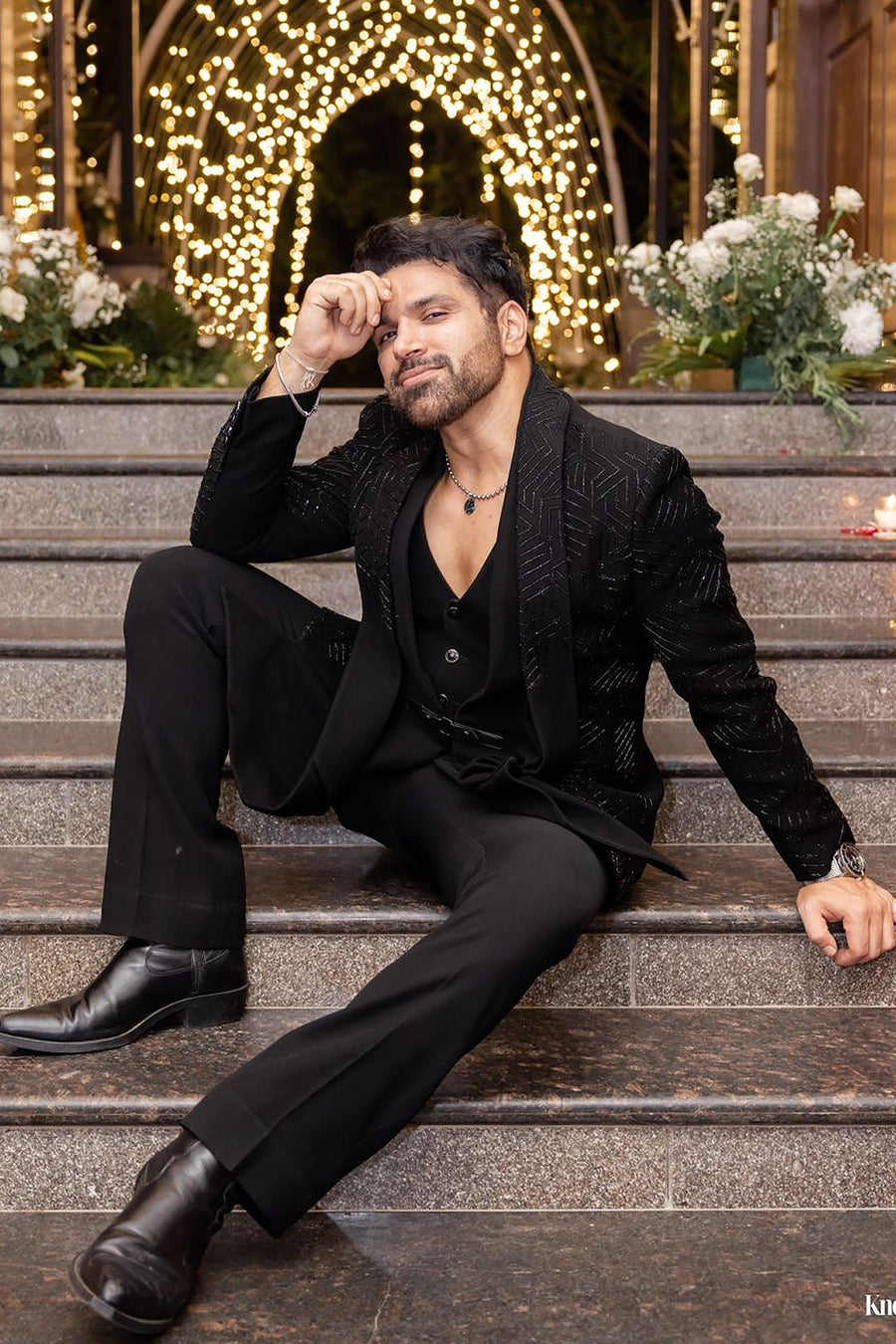Black tuxedo with cutdana embellishments