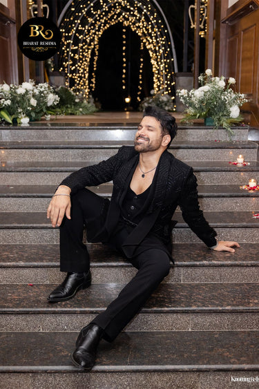 Black tuxedo with cutdana embellishments - Bharat Reshma