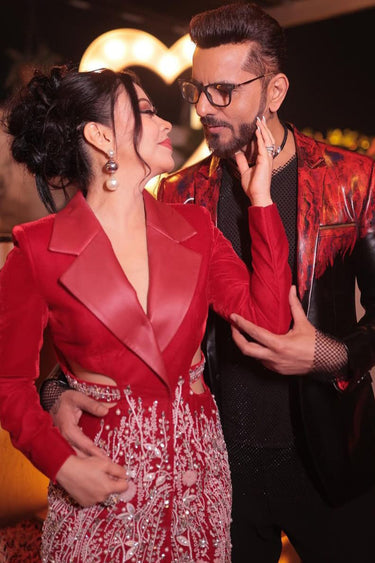 Red Leatherette Bollywood Themed Party Look Blazer - Bharat Reshma