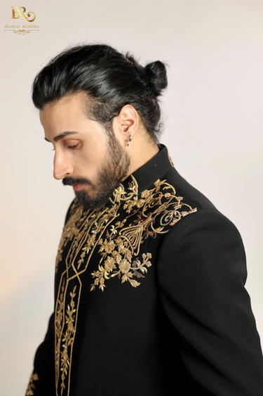 Golden Embroidered Indo Western Set - Bharat Reshma