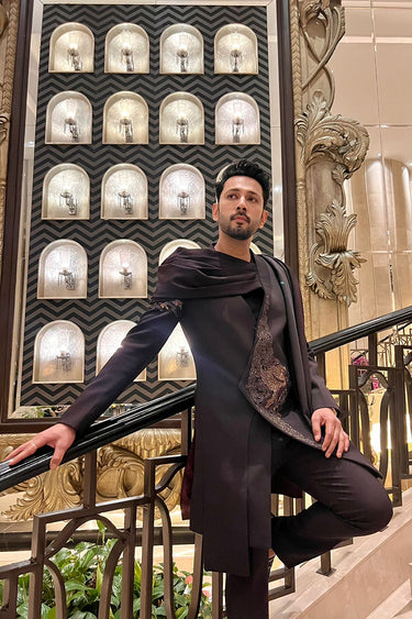 SAHIL-ANAND in Our Black indo western jacket attached with a drape - Bharat Reshma