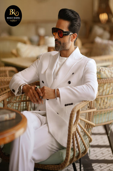 White Double-Breasted Blazer with Pant - Bharat Reshma