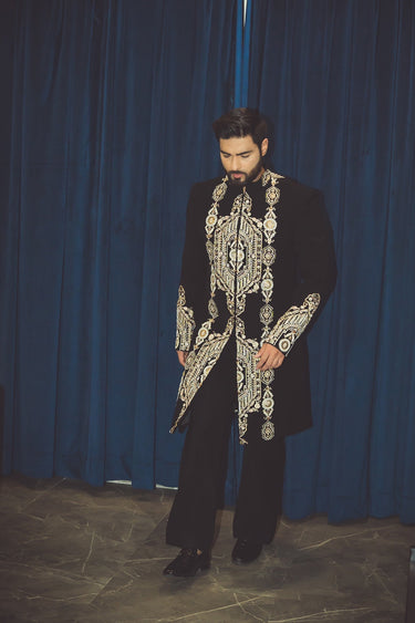 Bismil in All Black Embroidered Indo-western Set - Bharat Reshma