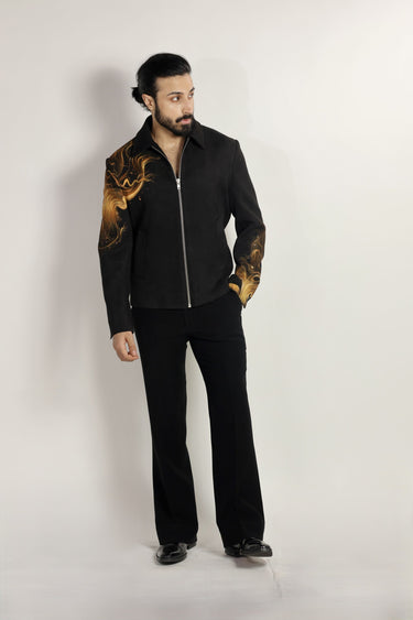 Black Magna Suiting Fire Hand Paint Jacket - Bharat Reshma