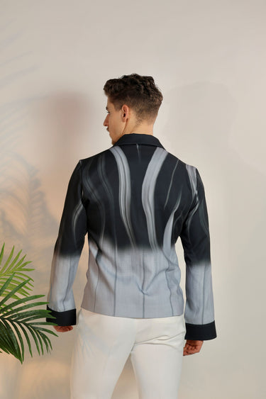 Grey Satin Digital Print Bomber Jacket - Bharat Reshma