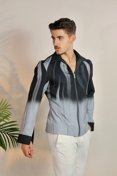 Grey Satin Digital Print Bomber Jacket - Bharat Reshma
