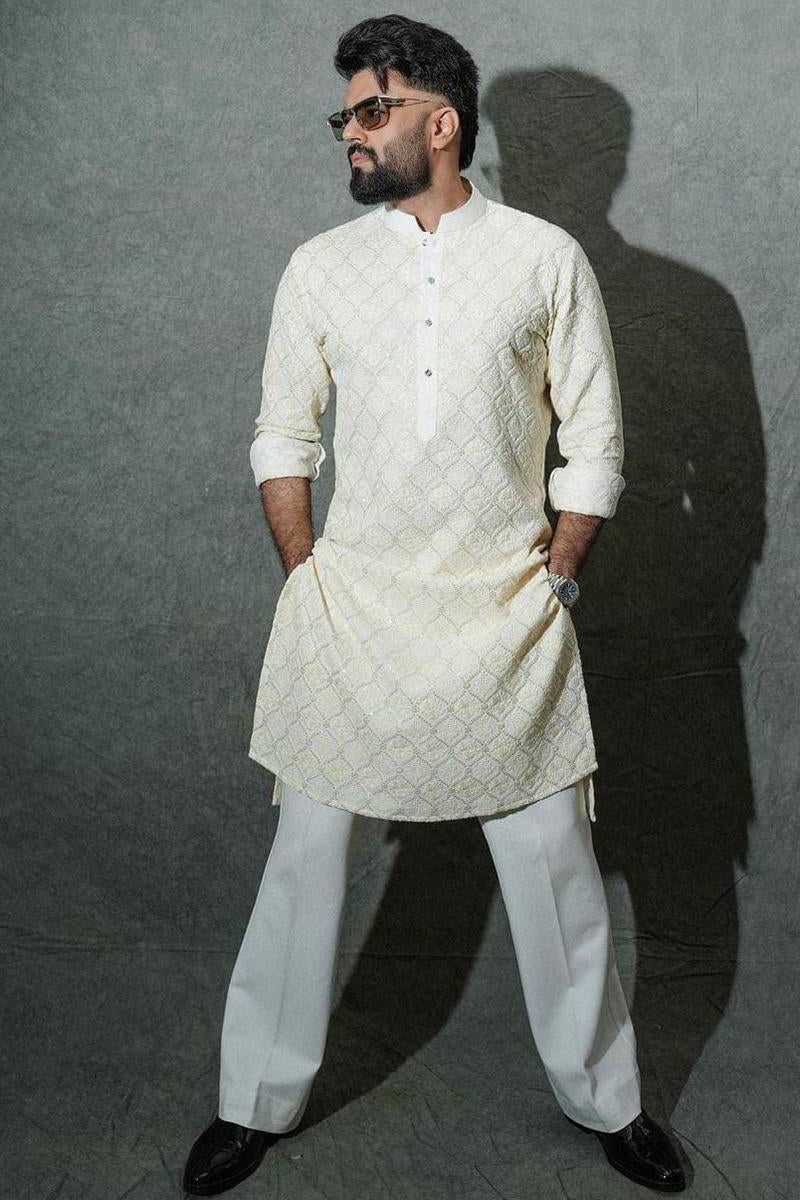 Manish Paul In Our Ivory Resham Embroidered Kurta Set