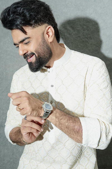 Manish Paul In Our Ivory Resham Embroidered Kurta Set - Bharat Reshma