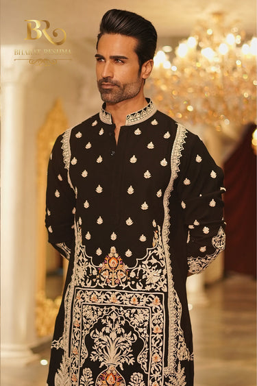 Black Mughal design kurta set - Bharat Reshma