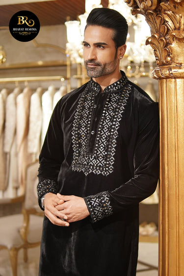Black Velvet Kurta Set with Mirror Work - Bharat Reshma