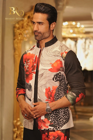 Black & white floral tiger Waistcoat kurta set - Bharat Reshma