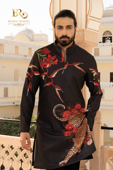 Men's Black Jaguar Printed Kurta - Bharat Reshma
