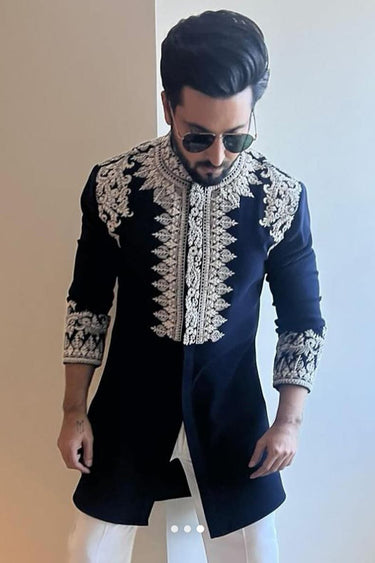Dheeraj Dhoopar in Our Blue Designer Kurta Set embellished with Resham embroidered - Bharat Reshma