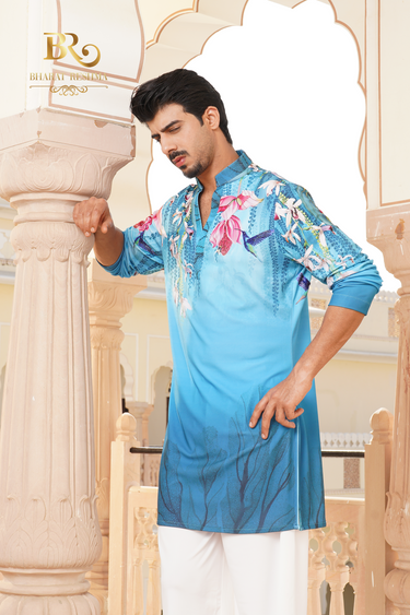 Men's Blue Floral Printed Kurta - Bharat Reshma