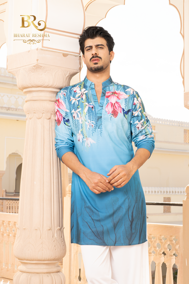 Men's Blue Floral Printed Kurta - Bharat Reshma