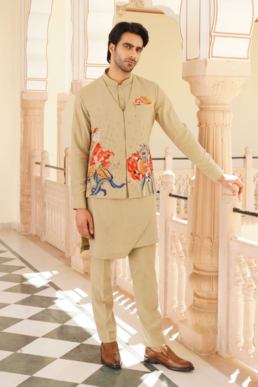 Brown carnival floral waistcoat kurta set - Bharat Reshma