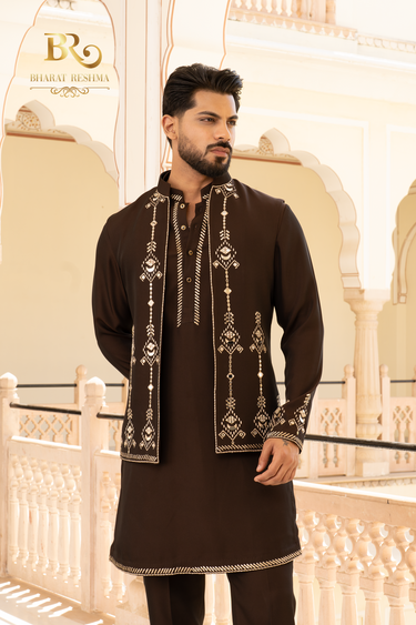 Brown Designer Waistcoat Kurta Set with Mirror Work - Bharat Reshma