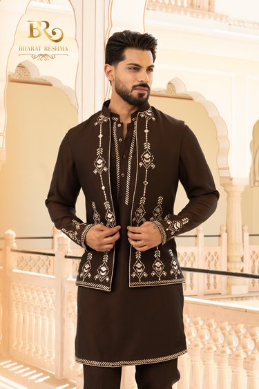 Brown Designer Waistcoat Kurta Set with Mirror Work - Bharat Reshma