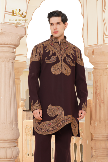 Brown Hand Embroidered Kurta Pajama Set - Bharat Reshma