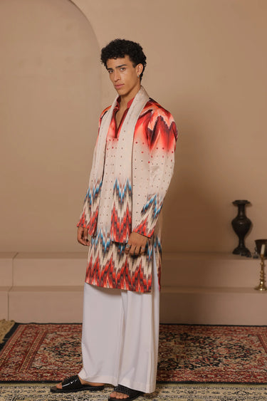Ikkat illusion kurta stole set - Bharat Reshma