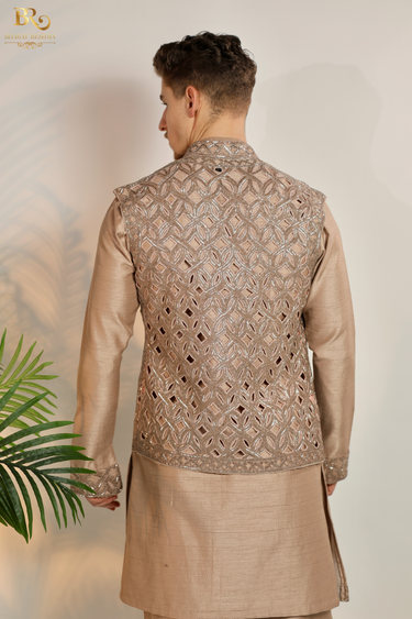 Designer Golden Embroidery Jacket Kurta Set - Bharat Reshma