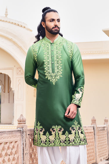 Ombre Green Kurta With Multi Colored Resham Work - Bharat Reshma