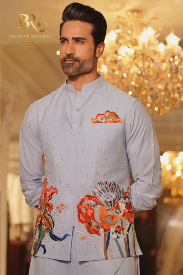 Grey carnival floral waistcoat kurta set - Bharat Reshma