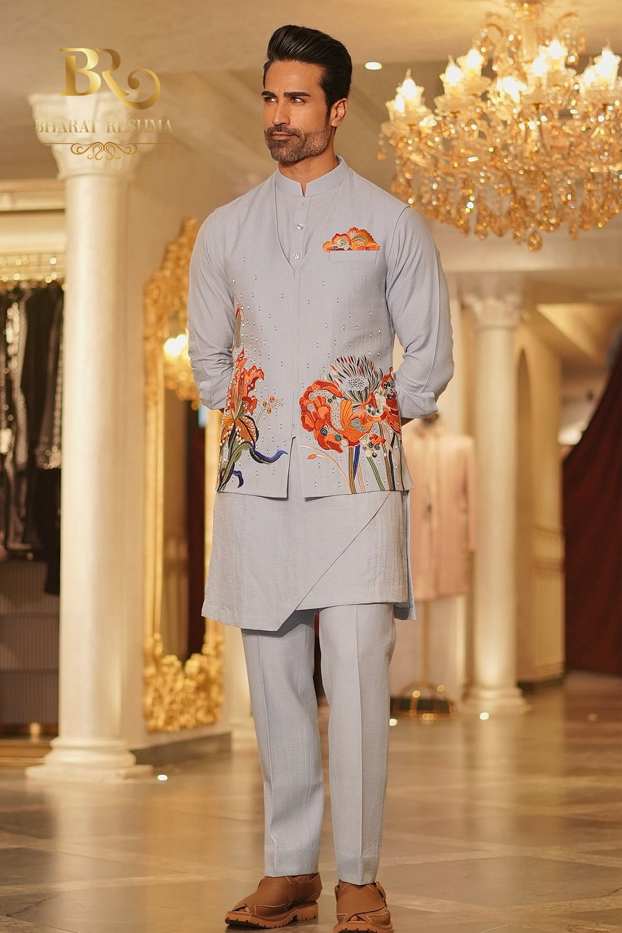 Gray carnival floral waistcoat kurta set
