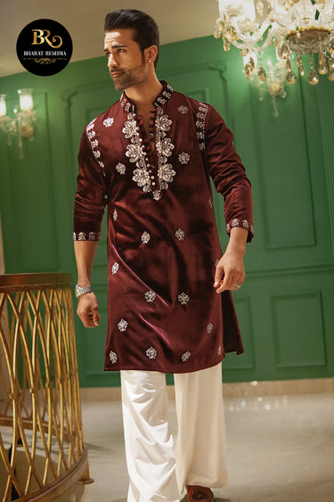 Maroon Designer Kurta Set with Resham embroidered - Bharat Reshma