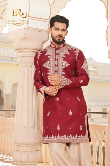 Maroon Raw Silk hand Embroidered Kurta - Bharat Reshma