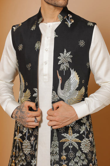 Black jungle majesty bundi kurta set - Bharat Reshma