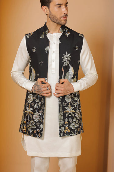 Black jungle majesty bundi kurta set - Bharat Reshma