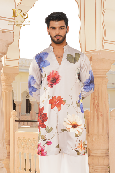 Grey floral digital print kurta set - Bharat Reshma