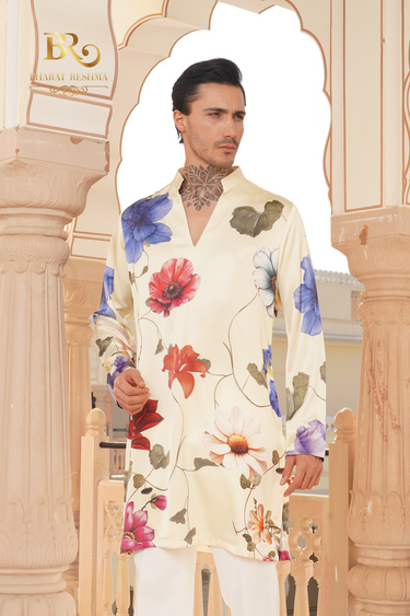 Grey floral digital print kurta set - Bharat Reshma