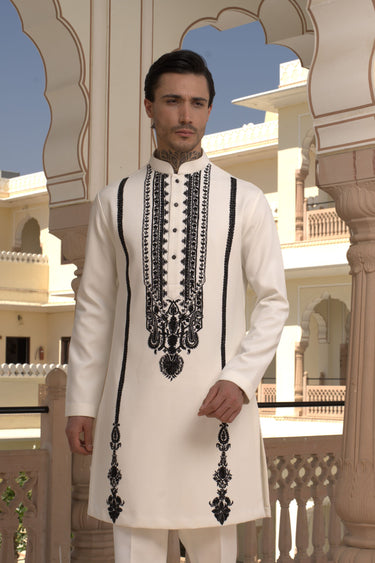 White Kurta Set with Black Embroidered - Bharat Reshma