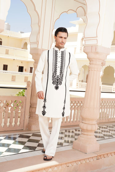 White Kurta Set with Black Embroidered - Bharat Reshma