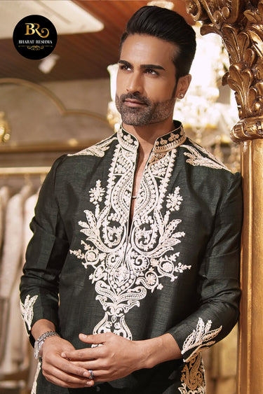 Black Kurta Set embellished with Resham embroidered - Bharat Reshma