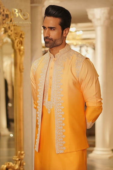 Ombre Yellow Kurta with White Resham work - Bharat Reshma