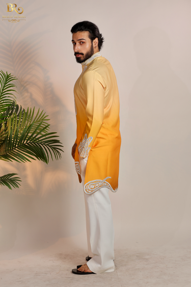 Yellow Hand Embroidered Kurta Pajama Set - Bharat Reshma