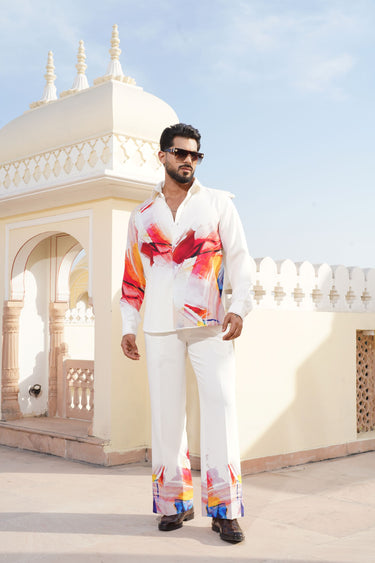 White Digital Print Co-Ord Set for men - Bharat Reshma