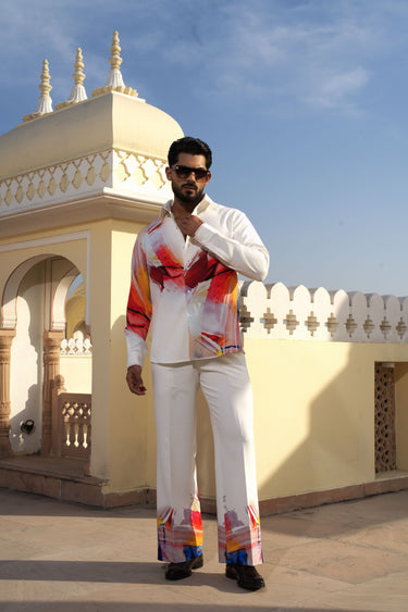 White Digital Print Co-Ord Set for men - Bharat Reshma