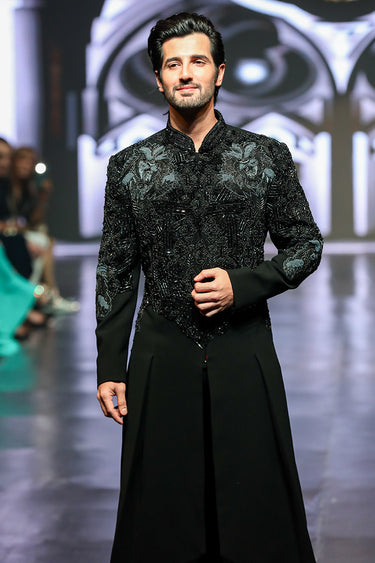 Designer Black Men's Gown with Unique Cuts & Embroidery - Bharat Reshma