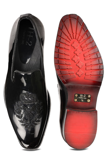 Black Patent Designer Mens's Mojaris with Embroidery - Bharat Reshma