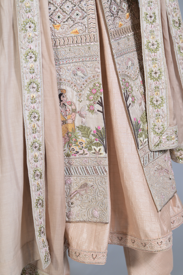 Beige Embroided Sherwani Set - Bharat Reshma