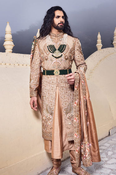 Designer Beige Sherwani with Silk, Resham, Dabka & Moti Work - Bharat Reshma