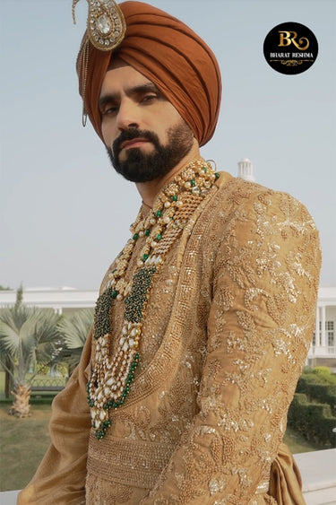 Brown Designer Embroidered Sherwani for Groom - Bharat Reshma