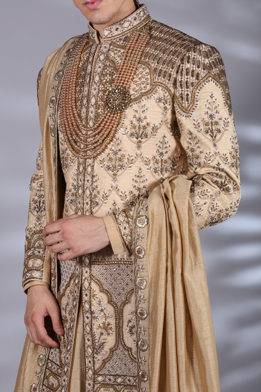 Designer Champagne Brown Sherwani Set - Bharat Reshma