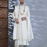 White Silk Embroidery Thread Flower Sherwani Set - Bharat Reshma