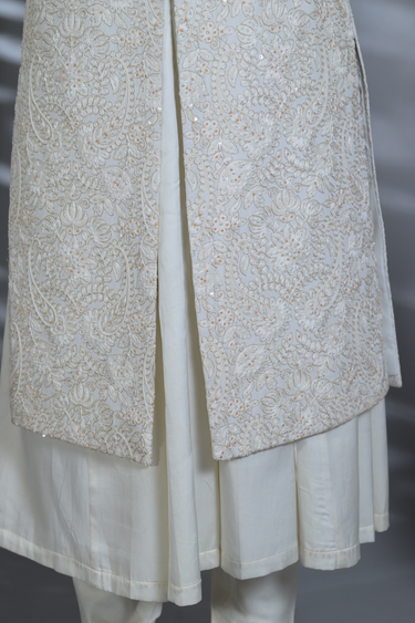 White Silk Embroidery Thread Flower Sherwani Set - Bharat Reshma