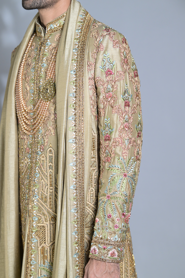 Designer Sherwani with Saturated Green Intricate Embroidery - Bharat Reshma
